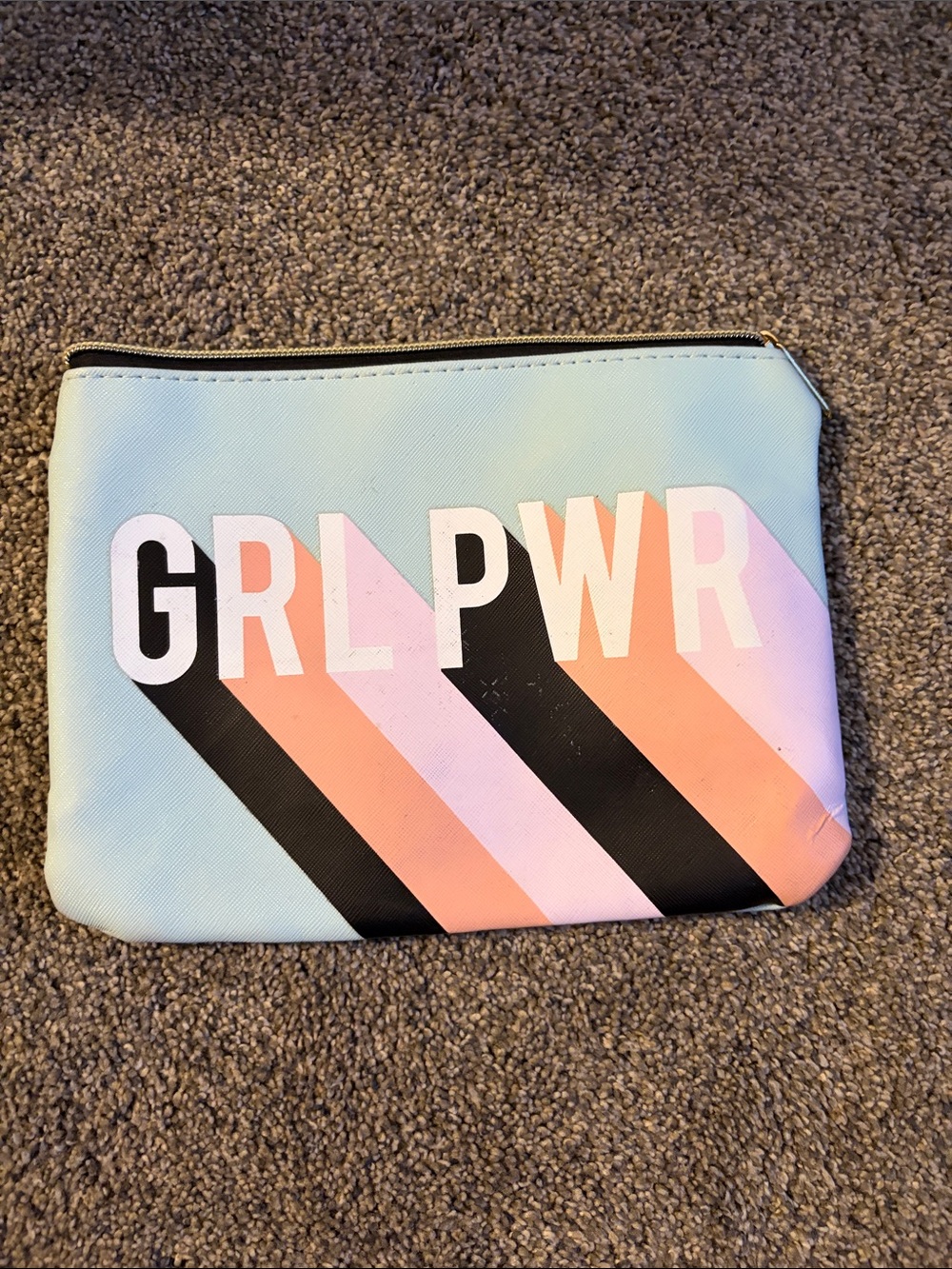 ipsy GRLPWR Pastel Blue Cosmetic Pouch with Pink and Peach Stripes